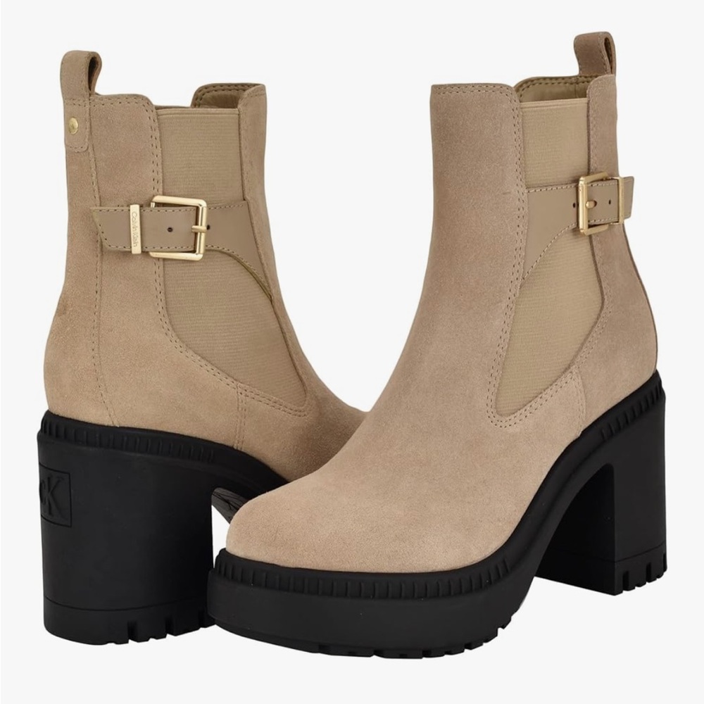 Calvin Klein Cream Fayth Leather Suede Buckle Pull-on Ankle Boots NWOT 9 *READ*